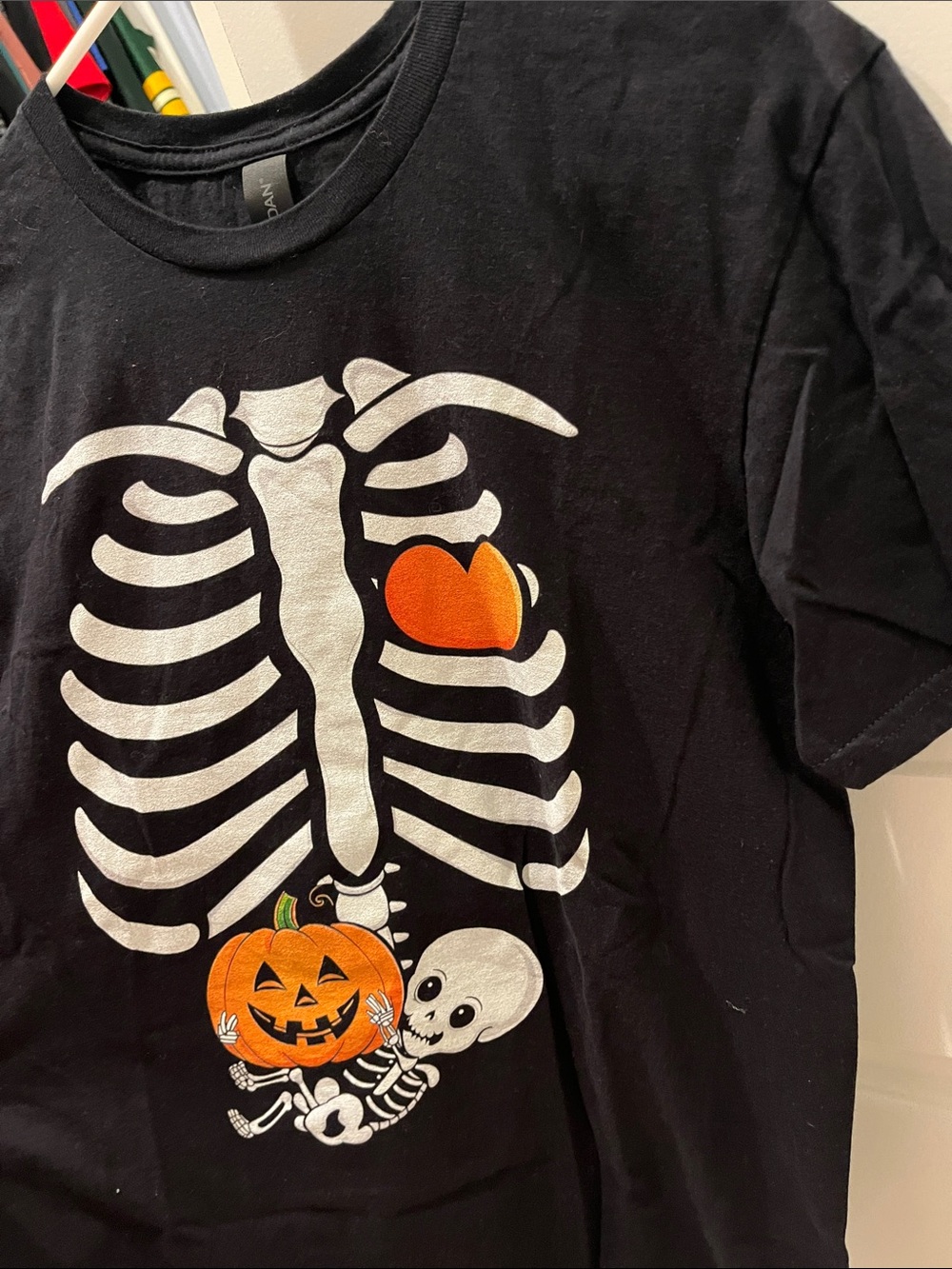 Gildan Black Maternity Pregnant Halloween Skeleton with Baby